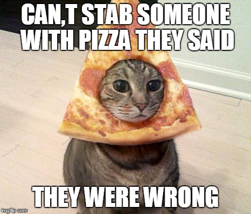 pizza cat | CAN,T STAB SOMEONE WITH PIZZA THEY SAID; THEY WERE WRONG | image tagged in pizza cat | made w/ Imgflip meme maker