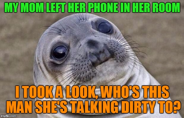 Awkward Moment Sealion Meme | MY MOM LEFT HER PHONE IN HER ROOM I TOOK A LOOK, WHO'S THIS MAN SHE'S TALKING DIRTY TO? | image tagged in memes,awkward moment sealion | made w/ Imgflip meme maker
