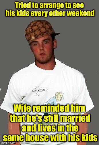 Deadbeat Dad | Tried to arrange to see his kids every other weekend; Wife reminded him that he's still married and lives in the same house with his kids | image tagged in warmer season scumbag steve,dad | made w/ Imgflip meme maker
