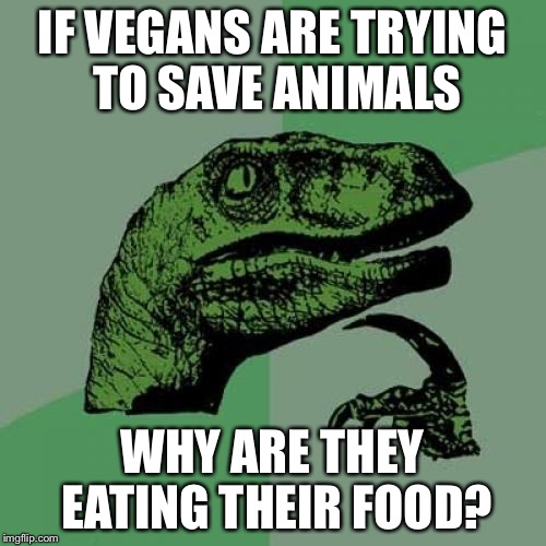 Philosoraptor | IF VEGANS ARE TRYING TO SAVE ANIMALS; WHY ARE THEY EATING THEIR FOOD? | image tagged in memes,philosoraptor | made w/ Imgflip meme maker