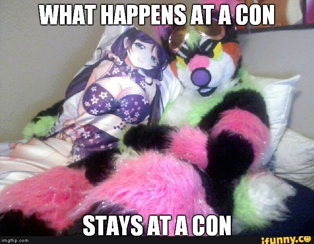 Furry b | WHAT HAPPENS AT A CON; STAYS AT A CON | image tagged in furry b,furry,furries,fandom,waifu,convention | made w/ Imgflip meme maker