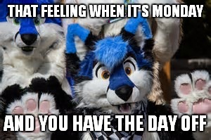 furry | THAT FEELING WHEN IT'S MONDAY; AND YOU HAVE THE DAY OFF | image tagged in furry,furries,fandom | made w/ Imgflip meme maker