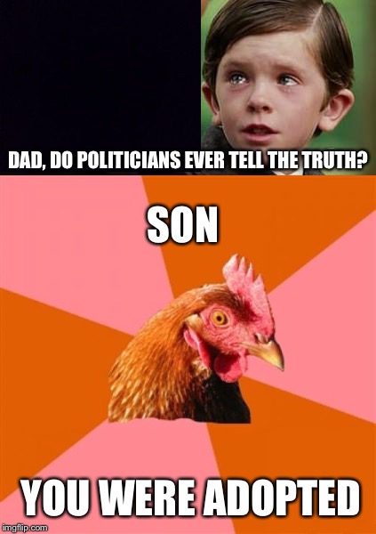 Finding Neverkand | DAD, DO POLITICIANS EVER TELL THE TRUTH? SON; YOU WERE ADOPTED | image tagged in memes,finding neverland,anti joke chicken | made w/ Imgflip meme maker