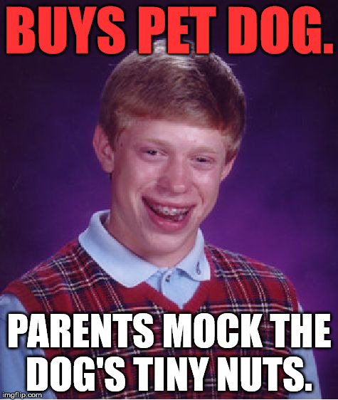 Bad Luck Brian Meme | BUYS PET DOG. PARENTS MOCK THE DOG'S TINY NUTS. | image tagged in memes,bad luck brian | made w/ Imgflip meme maker