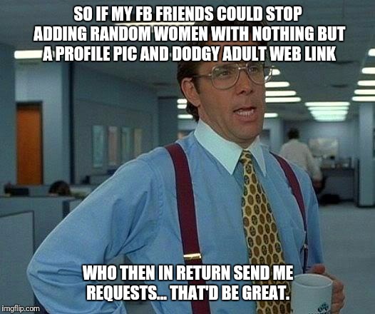 That Would Be Great | SO IF MY FB FRIENDS COULD STOP ADDING RANDOM WOMEN WITH NOTHING BUT A PROFILE PIC AND DODGY ADULT WEB LINK; WHO THEN IN RETURN SEND ME REQUESTS... THAT'D BE GREAT. | image tagged in memes,that would be great | made w/ Imgflip meme maker