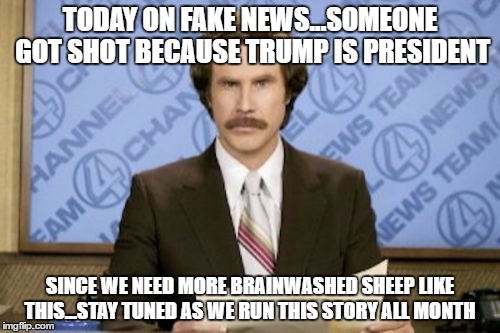 Ron Burgundy Meme | TODAY ON FAKE NEWS...SOMEONE GOT SHOT BECAUSE TRUMP IS PRESIDENT; SINCE WE NEED MORE BRAINWASHED SHEEP LIKE THIS...STAY TUNED AS WE RUN THIS STORY ALL MONTH | image tagged in memes,ron burgundy | made w/ Imgflip meme maker