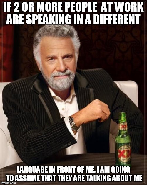 The Most Interesting Man In The World Meme | IF 2 OR MORE PEOPLE  AT WORK ARE SPEAKING IN A DIFFERENT; LANGUAGE IN FRONT OF ME, I AM GOING TO ASSUME THAT THEY ARE TALKING ABOUT ME | image tagged in memes,the most interesting man in the world | made w/ Imgflip meme maker