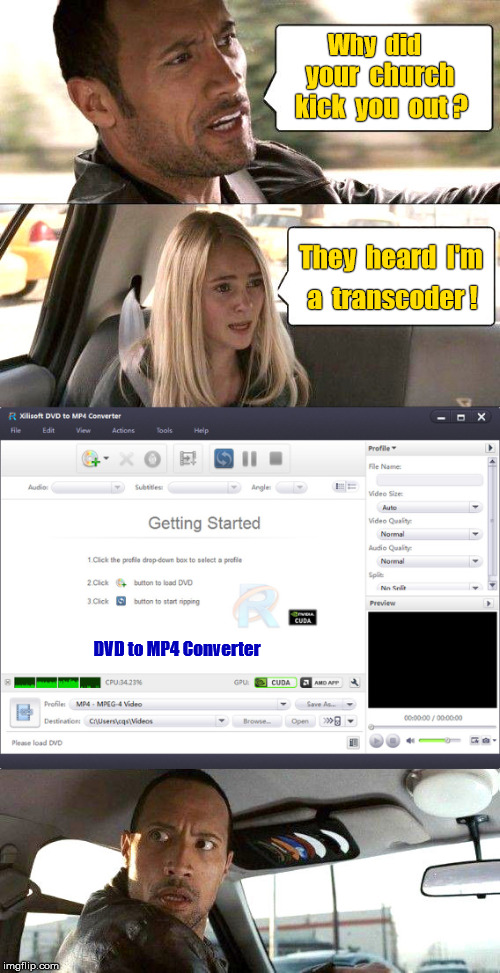 Kicked out of church - transcoder | Why  did; your  church; kick  you  out ? They  heard  I'm; a  transcoder ! DVD to MP4 Converter | image tagged in memes,the rock driving,technology,lbgt,transgender | made w/ Imgflip meme maker
