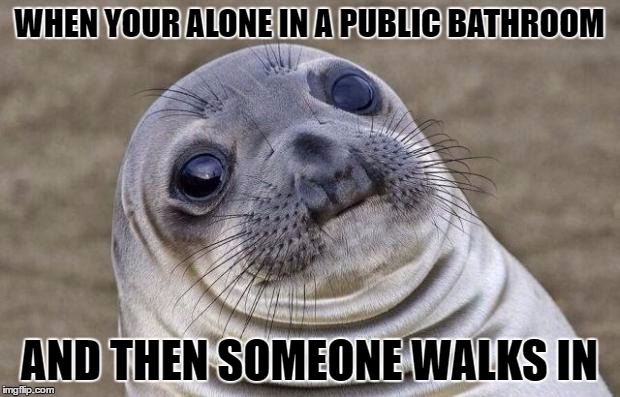 Awkward Moment Sealion Meme | WHEN YOUR ALONE IN A PUBLIC BATHROOM; AND THEN SOMEONE WALKS IN | image tagged in memes,awkward moment sealion | made w/ Imgflip meme maker