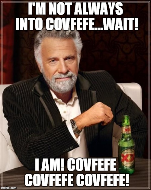 The Most Interesting Man In The World | I'M NOT ALWAYS INTO COVFEFE...WAIT! I AM! COVFEFE COVFEFE COVFEFE! | image tagged in memes,the most interesting man in the world | made w/ Imgflip meme maker
