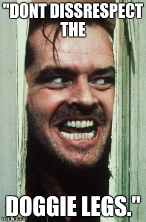 Here's Johnny | "DONT DISSRESPECT THE; DOGGIE LEGS." | image tagged in memes,heres johnny | made w/ Imgflip meme maker