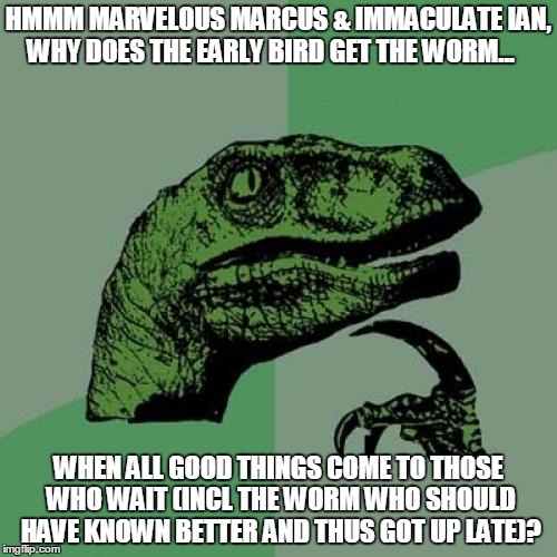 Philosoraptor Meme | HMMM MARVELOUS MARCUS & IMMACULATE IAN, WHY DOES THE EARLY BIRD GET THE WORM... WHEN ALL GOOD THINGS COME TO THOSE WHO WAIT (INCL THE WORM WHO SHOULD HAVE KNOWN BETTER AND THUS GOT UP LATE)? | image tagged in memes,philosoraptor | made w/ Imgflip meme maker