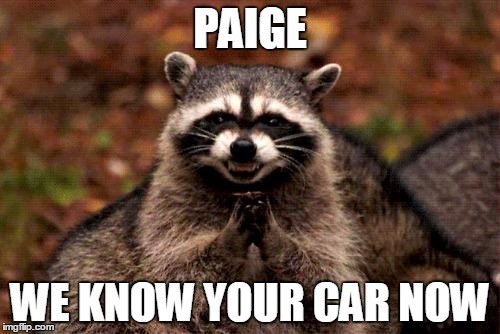 Evil Plotting Raccoon | PAIGE; WE KNOW YOUR CAR NOW | image tagged in memes,evil plotting raccoon | made w/ Imgflip meme maker