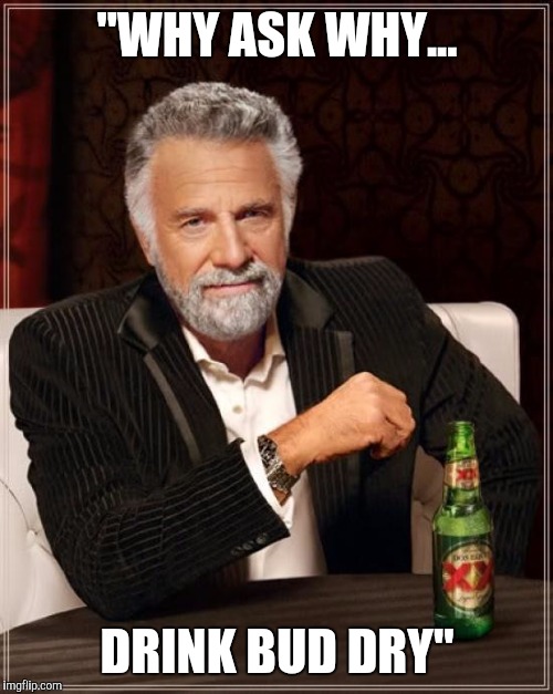 The Most Interesting Man In The World Meme | "WHY ASK WHY... DRINK BUD DRY" | image tagged in memes,the most interesting man in the world | made w/ Imgflip meme maker