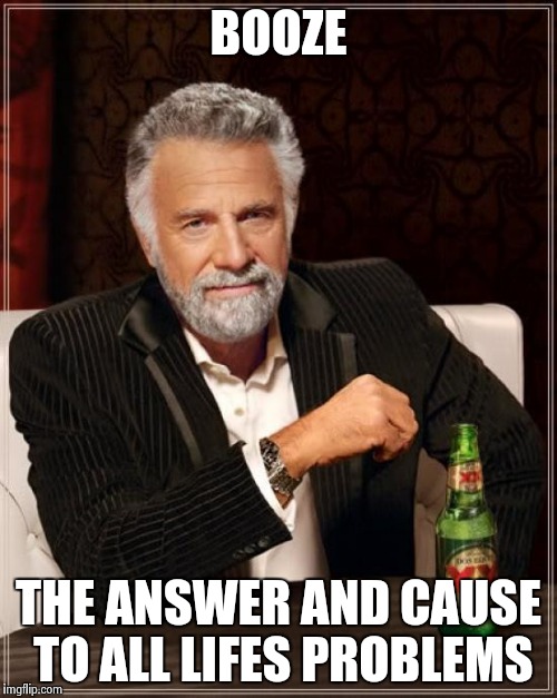 The Most Interesting Man In The World Meme | BOOZE; THE ANSWER AND CAUSE TO ALL LIFES PROBLEMS | image tagged in memes,the most interesting man in the world | made w/ Imgflip meme maker