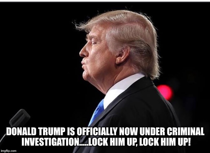 Donald Trump The Criminal  | DONALD TRUMP IS OFFICIALLY NOW UNDER CRIMINAL INVESTIGATION.....LOCK HIM UP, LOCK HIM UP! | image tagged in donald trump,investigation,criminal,obstruction of justice,russian hack | made w/ Imgflip meme maker