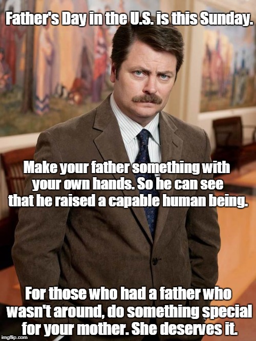 ron swanson | Father's Day in the U.S. is this Sunday. Make your father something with your own hands. So he can see that he raised a capable human being. For those who had a father who wasn't around, do something special for your mother. She deserves it. | image tagged in ron swanson | made w/ Imgflip meme maker