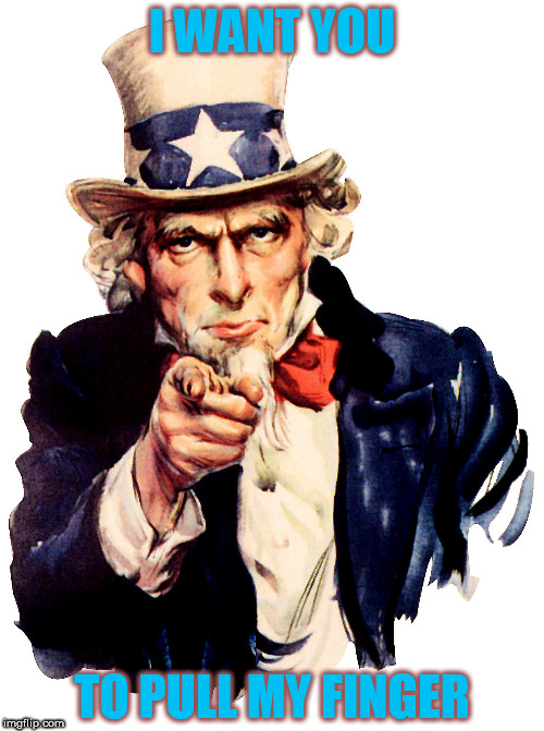 Uncle Sam pointing finger | I WANT YOU; TO PULL MY FINGER | image tagged in uncle sam pointing finger,memes | made w/ Imgflip meme maker