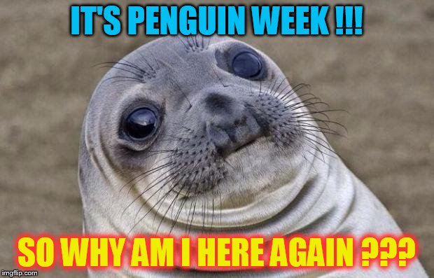 Penguin week is here !!! | IT'S PENGUIN WEEK !!! SO WHY AM I HERE AGAIN ??? | image tagged in memes,awkward moment sealion | made w/ Imgflip meme maker