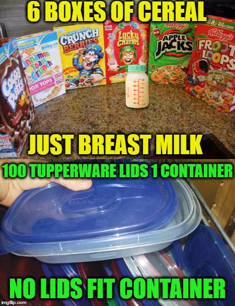 Poor college student problems  | 6 BOXES OF CEREAL; JUST BREAST MILK; 100 TUPPERWARE LIDS 1 CONTAINER; NO LIDS FIT CONTAINER | image tagged in college life,tupperware,cereal,memes,funny | made w/ Imgflip meme maker