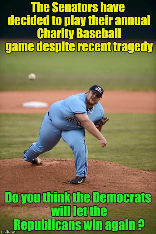 It's for Charity and I honestly hope they raise a lot of money | The Senators have decided to play their annual Charity Baseball game despite recent tragedy; Do you think the Democrats will let the Republicans win again ? | image tagged in baseball fat,good,lucky,democrats,republicans | made w/ Imgflip meme maker