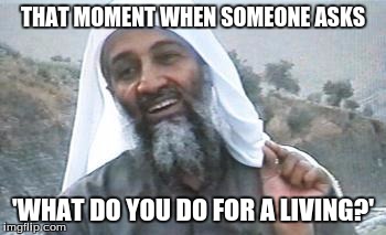 Osama Bin Laden ASPEC | THAT MOMENT WHEN SOMEONE ASKS; 'WHAT DO YOU DO FOR A LIVING?' | image tagged in osama bin laden aspec | made w/ Imgflip meme maker