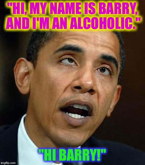 partisanship | "HI, MY NAME IS BARRY, AND I'M AN ALCOHOLIC." "HI BARRY!" | image tagged in partisanship | made w/ Imgflip meme maker