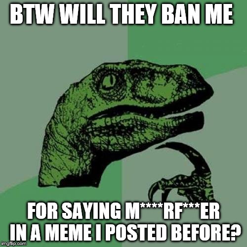 Philosoraptor Meme | BTW WILL THEY BAN ME; FOR SAYING M****RF***ER IN A MEME I POSTED BEFORE? | image tagged in memes,philosoraptor | made w/ Imgflip meme maker