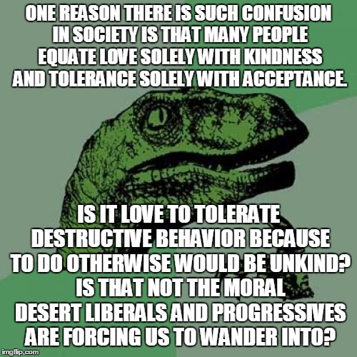 Diversity's Dead End | ONE REASON THERE IS SUCH CONFUSION IN SOCIETY IS THAT MANY PEOPLE EQUATE LOVE SOLELY WITH KINDNESS AND TOLERANCE SOLELY WITH ACCEPTANCE. IS IT LOVE TO TOLERATE DESTRUCTIVE BEHAVIOR BECAUSE TO DO OTHERWISE WOULD BE UNKIND? IS THAT NOT THE MORAL DESERT LIBERALS AND PROGRESSIVES ARE FORCING US TO WANDER INTO? | image tagged in memes,philosoraptor | made w/ Imgflip meme maker