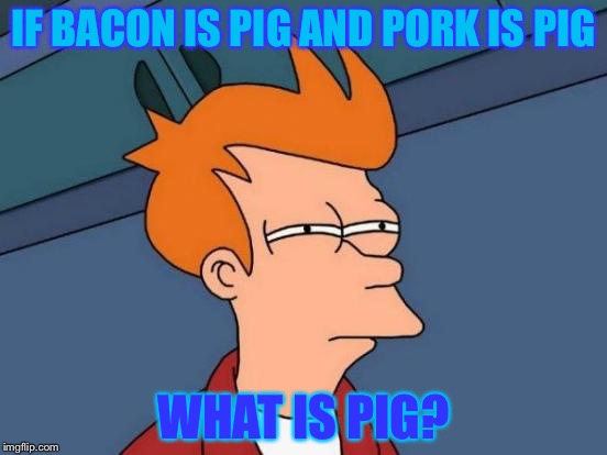 Futurama Fry | IF BACON IS PIG AND PORK IS PIG; WHAT IS PIG? | image tagged in memes,futurama fry | made w/ Imgflip meme maker