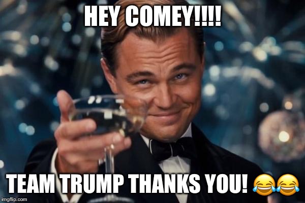 Leonardo Dicaprio Cheers Meme | HEY COMEY!!!! TEAM TRUMP THANKS YOU! 😂😂 | image tagged in memes,leonardo dicaprio cheers | made w/ Imgflip meme maker