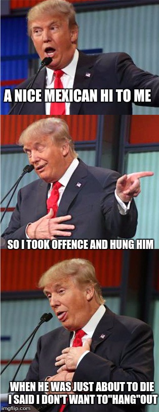 Bad Pun Trump | A NICE MEXICAN HI TO ME; SO I TOOK OFFENCE AND HUNG HIM; WHEN HE WAS JUST ABOUT TO DIE I SAID I DON'T WANT TO"HANG"OUT | image tagged in bad pun trump | made w/ Imgflip meme maker