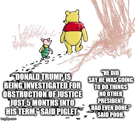 pooh | "HE DID SAY HE WAS GOING TO DO THINGS NO OTHER PRESIDENT HAD EVEN DONE," SAID POOH. "DONALD TRUMP IS BEING INVESTIGATED FOR OBSTRUCTION OF JUSTICE JUST 5 MONTHS INTO HIS TERM," SAID PIGLET. | image tagged in pooh | made w/ Imgflip meme maker