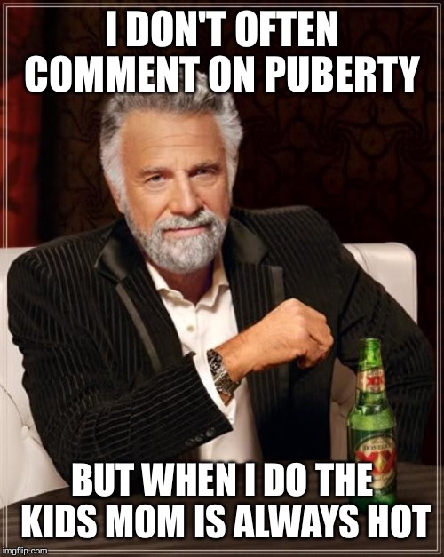 The Most Interesting Man In The World Meme | I DON'T OFTEN COMMENT ON PUBERTY BUT WHEN I DO THE KIDS MOM IS ALWAYS HOT | image tagged in memes,the most interesting man in the world | made w/ Imgflip meme maker