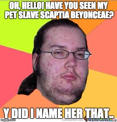 That's the scientific name for "bee". | OH, HELLO! HAVE YOU SEEN MY PET SLAVE SCAPTIA BEYONCEAE? Y DID I NAME HER THAT.. | image tagged in nerd | made w/ Imgflip meme maker