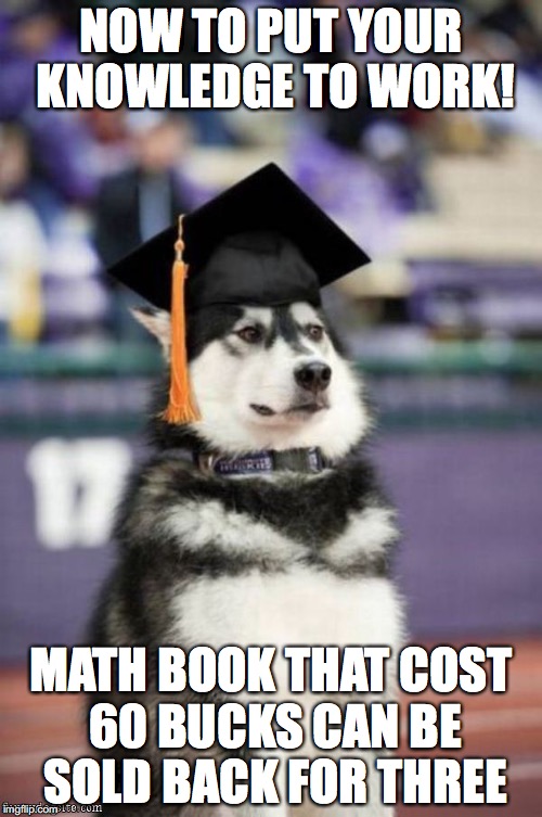 Graduation dog | NOW TO PUT YOUR KNOWLEDGE TO WORK! MATH BOOK THAT COST 60 BUCKS CAN BE SOLD BACK FOR THREE | image tagged in graduation dog | made w/ Imgflip meme maker
