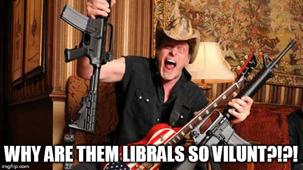 nugent | WHY ARE THEM LIBRALS SO VILUNT?!?! | image tagged in nugent,violence,liberals | made w/ Imgflip meme maker