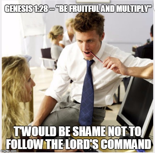 christian pick up line | GENESIS 1:28 -- "BE FRUITFUL AND MULTIPLY"; T'WOULD BE SHAME NOT TO FOLLOW THE LORD'S COMMAND | image tagged in christian pick up line | made w/ Imgflip meme maker