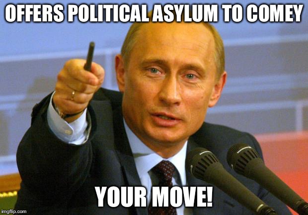 Good Guy Putin | OFFERS POLITICAL ASYLUM TO COMEY; YOUR MOVE! | image tagged in memes,good guy putin | made w/ Imgflip meme maker