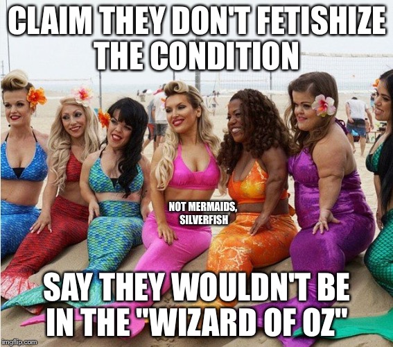 MIDGET MERMAIDS | CLAIM THEY DON'T FETISHIZE THE CONDITION; NOT MERMAIDS, SILVERFISH; SAY THEY WOULDN'T BE IN THE "WIZARD OF OZ" | image tagged in midget mermaids | made w/ Imgflip meme maker