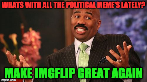 no more politics please | WHATS WITH ALL THE POLITICAL MEME'S LATELY? MAKE IMGFLIP GREAT AGAIN | image tagged in memes,steve harvey,no one cares,stupid politics | made w/ Imgflip meme maker
