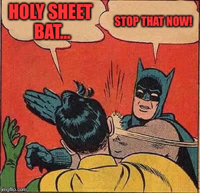 Batman Slapping Robin Meme | HOLY SHEET BAT... STOP THAT NOW! | image tagged in memes,batman slapping robin | made w/ Imgflip meme maker