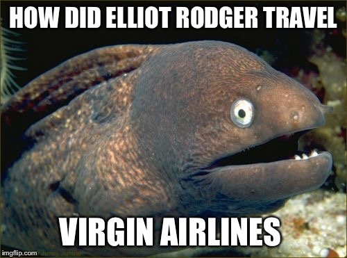 Bad Joke Eel Meme | HOW DID ELLIOT RODGER TRAVEL; VIRGIN AIRLINES | image tagged in memes,bad joke eel | made w/ Imgflip meme maker
