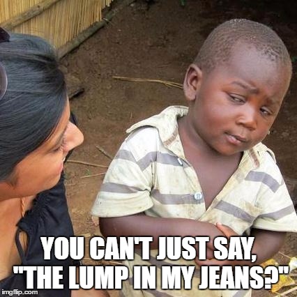 Third World Skeptical Kid Meme | YOU CAN'T JUST SAY, "THE LUMP IN MY JEANS?" | image tagged in memes,third world skeptical kid | made w/ Imgflip meme maker