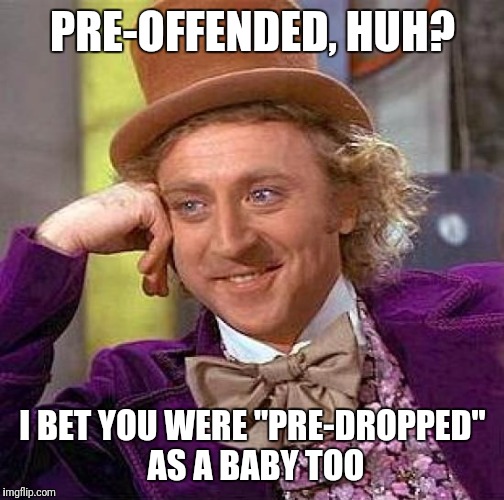Easily triggered snowflake |  PRE-OFFENDED, HUH? I BET YOU WERE "PRE-DROPPED" AS A BABY TOO | image tagged in memes,creepy condescending wonka,liberal logic,savage,triggered,fail | made w/ Imgflip meme maker