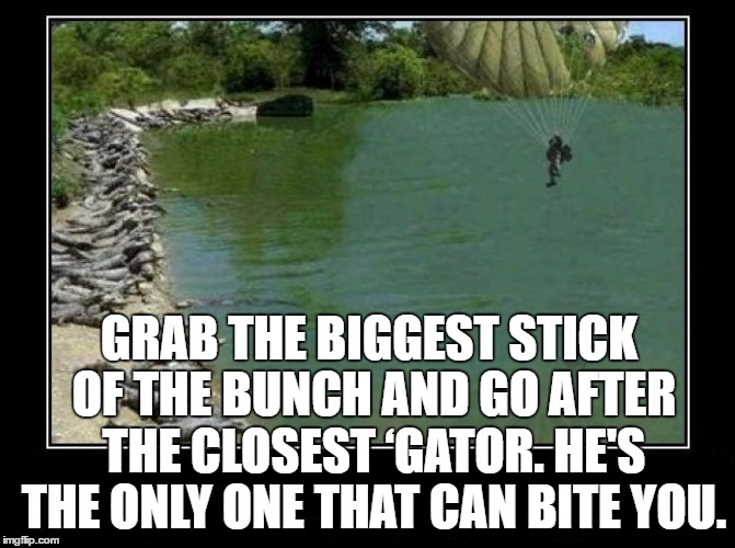 Alligator Farm Paratrooper | GRAB THE BIGGEST STICK OF THE BUNCH AND GO AFTER THE CLOSEST ‘GATOR. HE'S THE ONLY ONE THAT CAN BITE YOU. | image tagged in alligator farm paratrooper | made w/ Imgflip meme maker