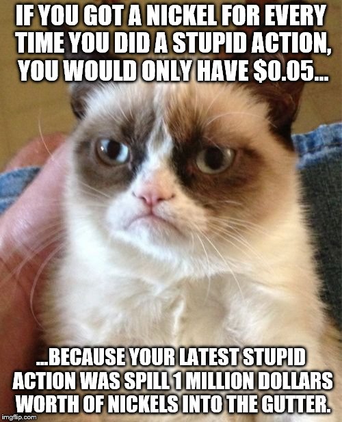 Grumpy Cat | IF YOU GOT A NICKEL FOR EVERY TIME YOU DID A STUPID ACTION, YOU WOULD ONLY HAVE $0.05... ...BECAUSE YOUR LATEST STUPID ACTION WAS SPILL 1 MILLION DOLLARS WORTH OF NICKELS INTO THE GUTTER. | image tagged in memes,grumpy cat | made w/ Imgflip meme maker