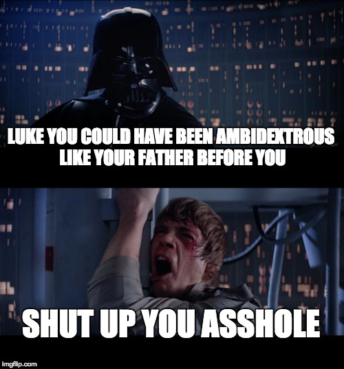 Star Wars No Meme | LUKE YOU COULD HAVE BEEN AMBIDEXTROUS LIKE YOUR FATHER BEFORE YOU; SHUT UP YOU ASSHOLE | image tagged in memes,star wars no | made w/ Imgflip meme maker
