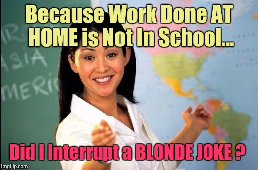 We Do No Homework At My School | Because Work Done AT HOME is Not In School... Did I Interrupt a BLONDE JOKE ? | image tagged in memes | made w/ Imgflip meme maker