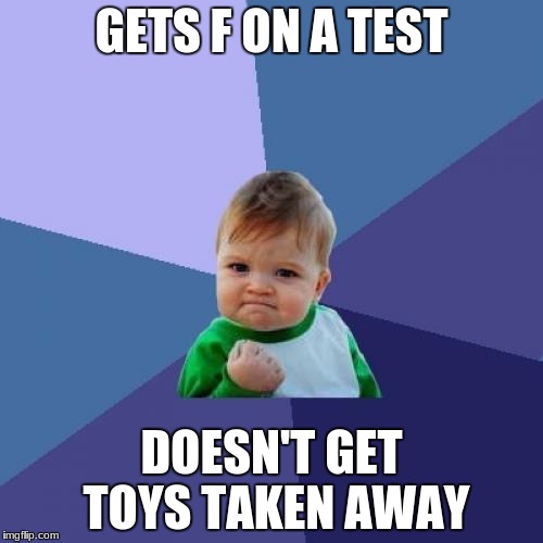 Success Kid Meme | GETS F ON A TEST; DOESN'T GET TOYS TAKEN AWAY | image tagged in memes,success kid | made w/ Imgflip meme maker